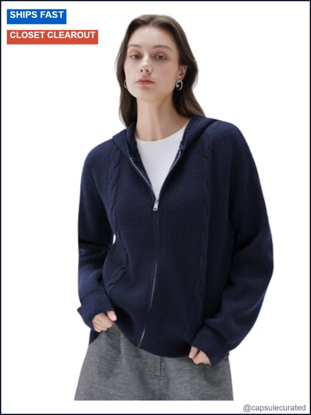 Chunky Cashmere Blend Zip Up Oversized Hoodie Cardigan with Pockets